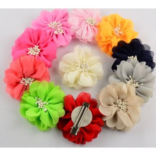 60pcs/lot 2.76 Inch Boutique Girls Hair Flower 20C Artificial Chiffon Flowers WITH CLIP For Kids Head Beauty Accessory FC31