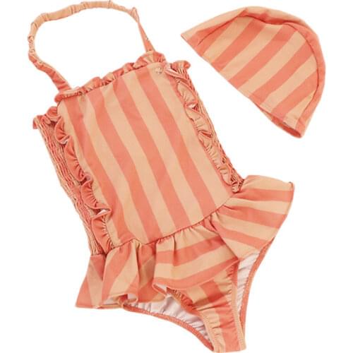7719 Baby Swimsuit Girl New Korean Fashion Girl Suspender Swimsuit Baby Girl Beach Outfit 2-7T Swimsuit Hat Girl Swiming Wear