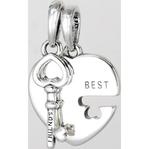 Free Shipping 925 Sterling Silver Best Friends Heart Key Dangle Charm Fit Original Bracelet For Women DIY Jewelry S925 Beads