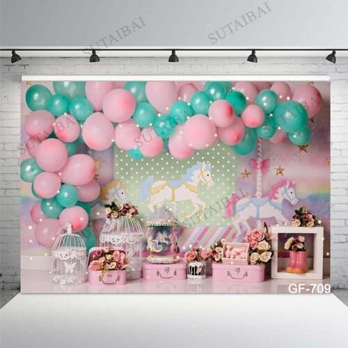 Glitter Pink Balloon Carousel Girl Birthday Party Background for Photography Garden Flower Baby Shower Decoration Photo Backdrop