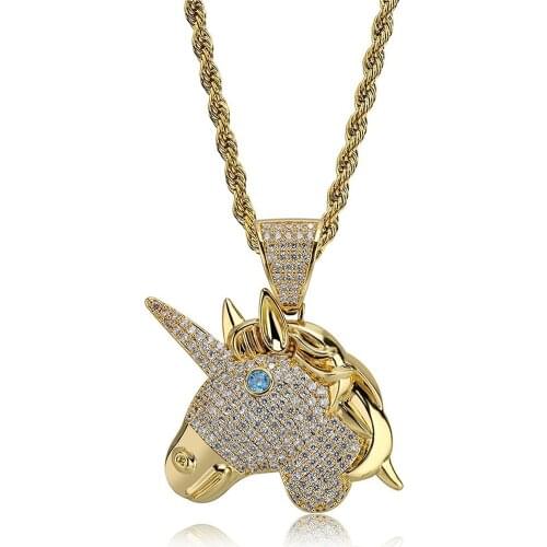 Iced Out Chain 18K Gold Plated Fully Zirconia Simulated Diamond Unicorn Hip Hop Pendent Necklace for Men Women Charm Jewelry