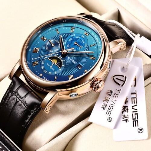 TEVISE Men Watches Mechanical Automatic Watch For Men Tourbillon Sport Clock Casual Business Moon Wrist Watch Relojes Hombre+Box