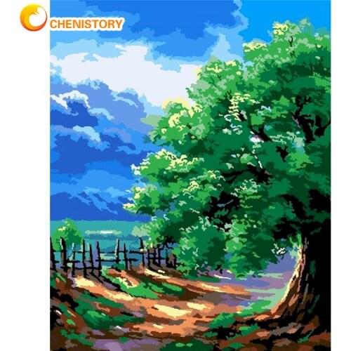 CHENISTORY Frame Oil Painting By Numbers For Adults Children Green Tree Blue Sky Landscape Paint Color On Canvas Wall Decor Phot