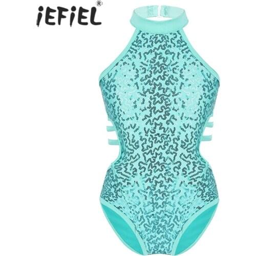 Kids Girls Sparkly Sequins Ballet Leotards Strappy Waist Gymnastics Leotards Jumpsuit Dance Wear Child Competition Dance Costume