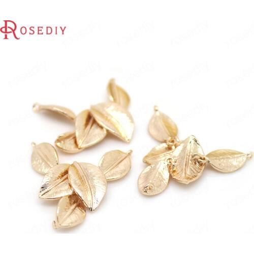F270)4 pieces 34*19mm 24K Champagne Gold Color Brass Connect Tree Leaf Charms Pendants High Quality Findings Accessories