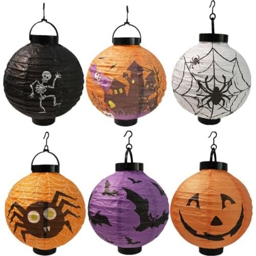 6Pcs Halloween Pattern Paper Lanterns With LED Light Pumpkin Spiders Skeleton Glow Horror Parties Decor 8 Inches