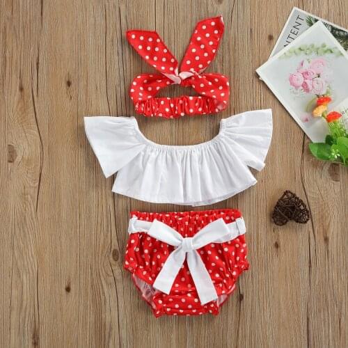 3Pcs Newborn Baby Girl Clothes Solid Color Flare Sleeves Crop Tops + Polka Dot Shorts + Hairband Summer Outfit for 0-24 Months