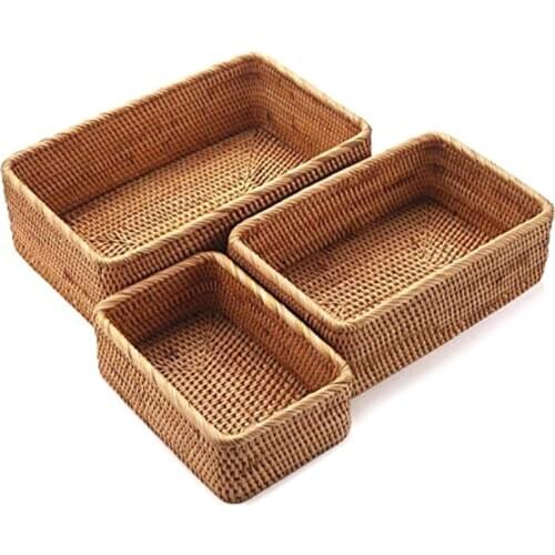 Natural Rattan Storage Baskets, Rectangular Woven Fruit Baskets, Wicker Decoration and Organizer (Set of 3)
