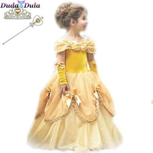 Belle Cosplay Dresses For Girls Princess Dress Girl Childlike Fantasy Halloween Dresses With Crown Magic Wand Vestidos Menina