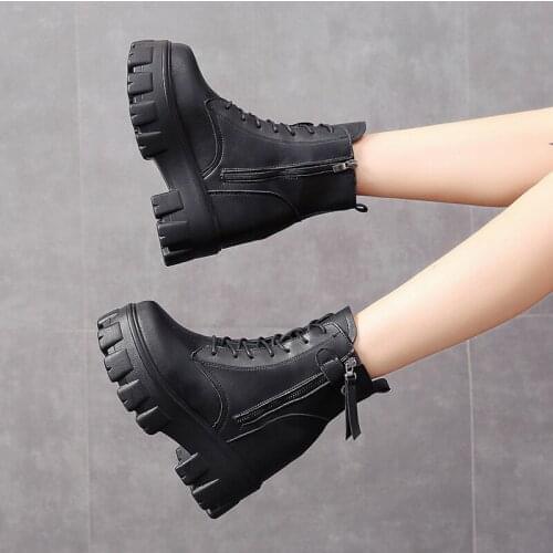 Nice Winter Vogue Womens Boots Lace Up Calf Round Head Womens Martin Boots Black Mid Heel Square Heel Pu Women Shoes35-40