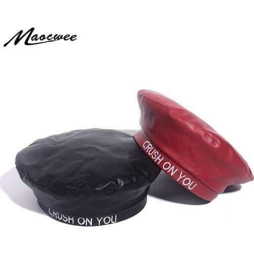 Fashion Women Faux Leather Berets CRUSH ON YOU Letters Embroidery Autumn Winter Solid Color PU Leather Winter Cap For Female