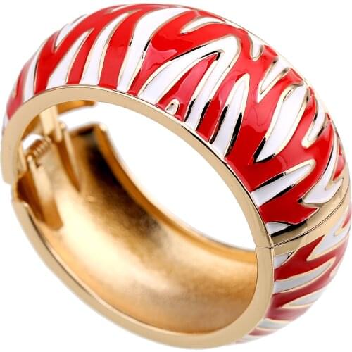 HAHATOTO Trendy Round Statement Striped Enamel Cuff Bracelet Gold Plated Bangle for Women Fashion Bracelet Jewelry Party Wedding