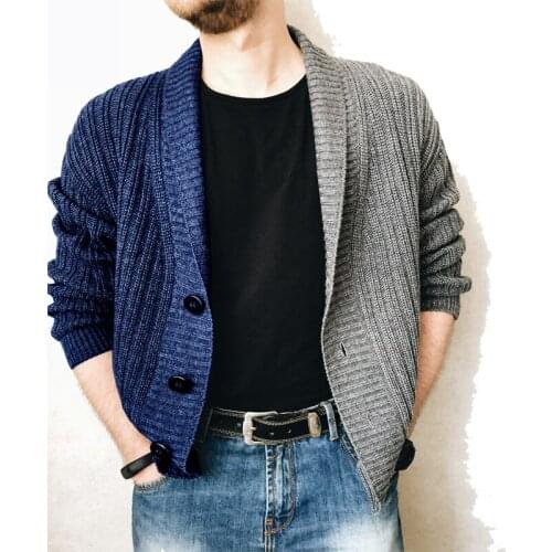 LUCLESAM Winter Men Casual Stitching Contrast Cardigan Mens Single-breasted Lapel Knitted Sweaters casaco masculino