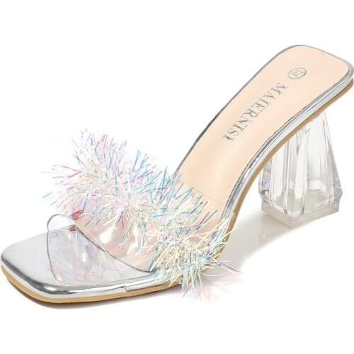 Summer Fashion Women Transparent PVC Peep Toe Slippers Chunky High heel Mules Sexy Elegant Gold Crystal Heel Slides Size 35-46 H