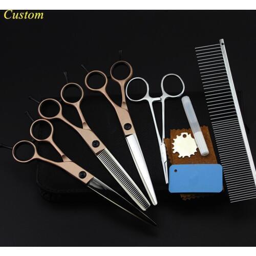 Custom 5 kit japan 440c 7 inch rose Pet dog grooming hair scissors cutting shears pet thinning barber hairdressing scissors set