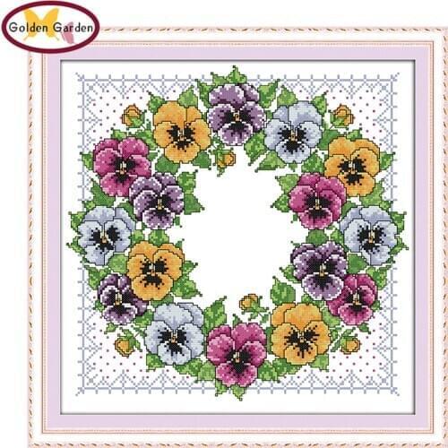 GG Pansy Wreath Stamped Cross Stitch Patterns DIY Kits 14CT Needlework Embroidery Sets Joy Sunday Cross Stitch for Home Decor