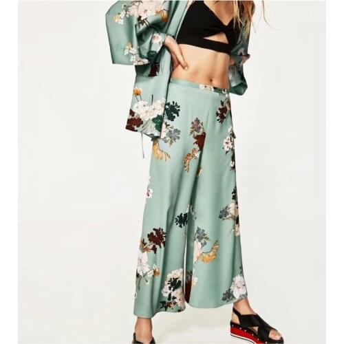 2021 Autumn New Floral Print Pajamas Ladies Loose Casual Wide-Leg Pants Daily Fashion Green Zipper Sleep Bottoms
