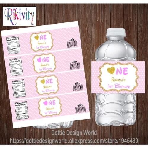 Custom Pink Polka Dot Heart Girl Birthday Water Bottle Wine Labels Candy Bar Wrapper Stickers Baby Shower Party Favor Decoration