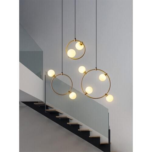 Golden Circle Pendant Lights Bedroom Bedside Stairs Lamps Rotating Ring Long Pendant Lamps Nordic Villa Loft Double Luminaire