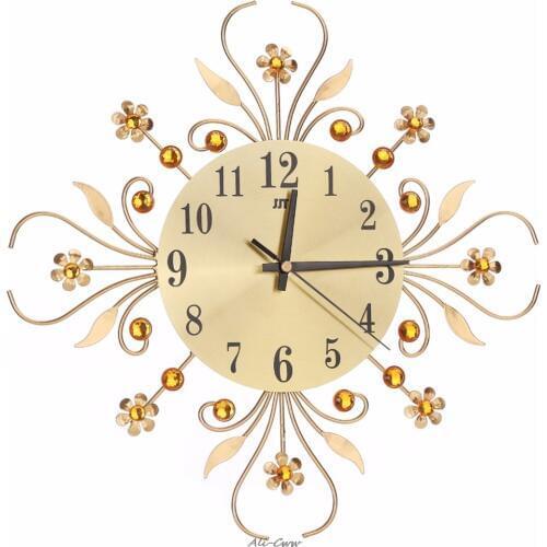 Luxury Modern Metal Wall Clock Flower Diamond Rhinestone Silent Wall Watch Room Home Office Decor Black/Gold High Quality