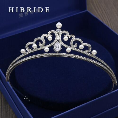 HIBRIDE Fashion Jewelry White Crystal Bridal Crown Clear Rhinestone Pearl Diadem Bridal Hair Accessories HC00011