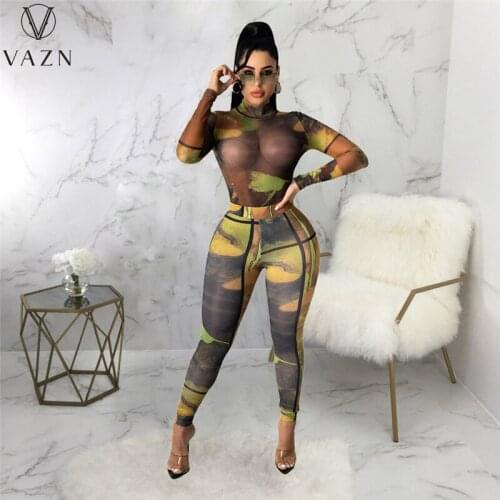 VAZN 2021 High Neck Bandage Print High Street Sexy Young High Waist Long Pant Skinny Women 2 Piece Set