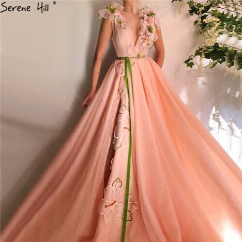 Peach Handmade Flowers Sashes A-Line Evening Dresses 2020 V-Neck Sexy Tulle Formal Dress Long Serene Hill DLA70128