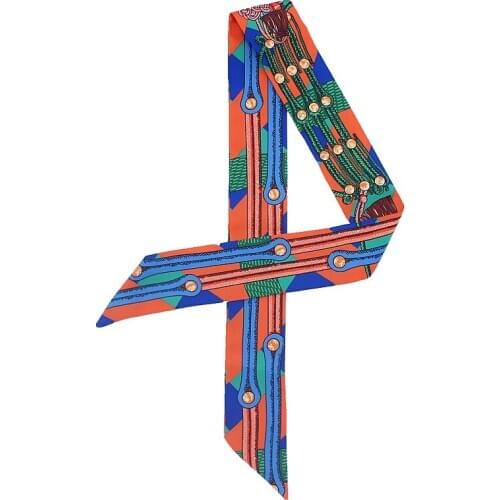 POBING Design Rope Chain Print Silk Scarf Women Head Scarf Brand Small Tie Handle Bag Ribbon Long Scarves Female Wraps 100*5CM