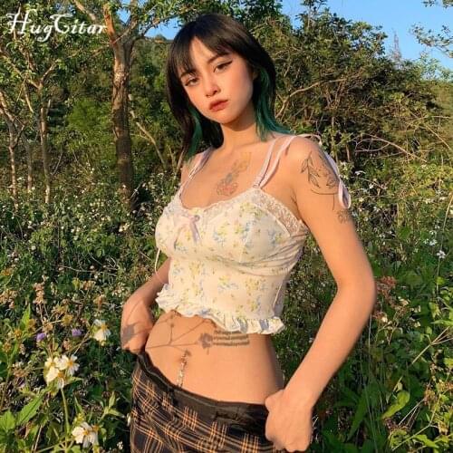 Hugcitar 2021 Sleeveless Floral Print Backless Bandage Ruched Sexy Crop Top Summer Women Fashion Streetwear Outfits Y2K Camis