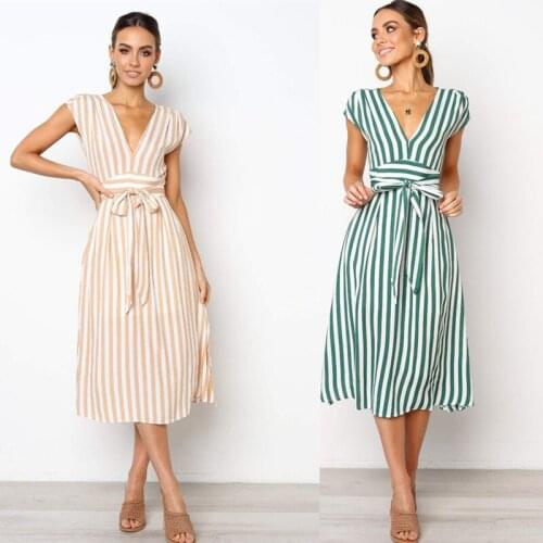 2019 Summer Short Sleeve Striped Dress Drawstring High Waist Elegant Long Party Dress V Neck Vacation Clothes Women AL190617