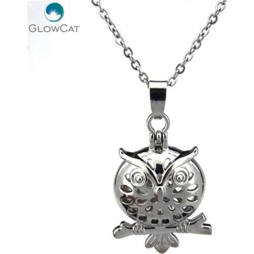 K129 1Pc Magnetic Branch Owl Pearl Cage Locket Chain Necklace Stainless 18" Aroma Essential Oil Diffuser For Women