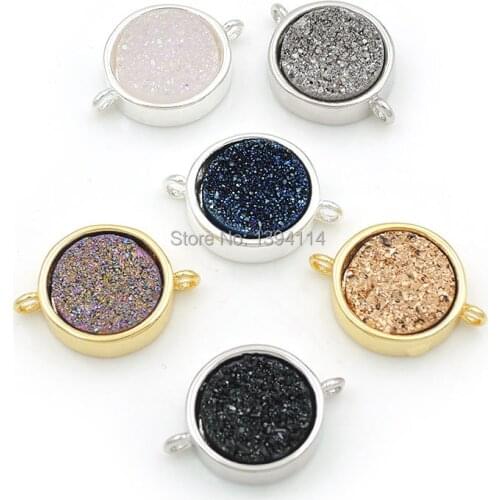10mm 12mm Titanium Gold/Silve r/Rainbow/Blue/Black/AB Agat e Druse Round Base Connectors Of Plating Gold And Silve r