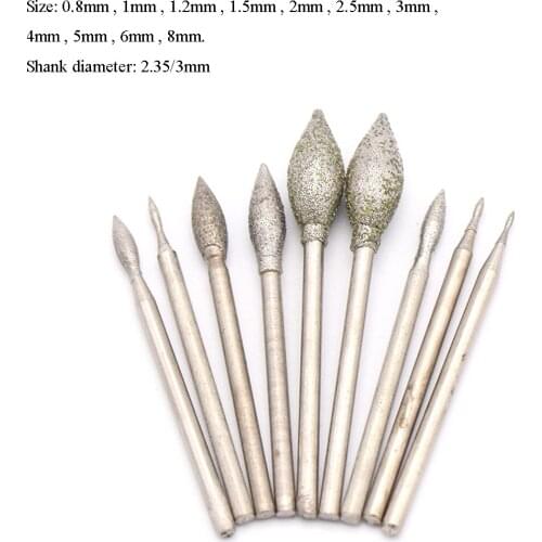 10PCS 0.8mm-8mm Olive Diamond Burr Grinding Bit 2.35/3mm for Dremel Engraving Glass