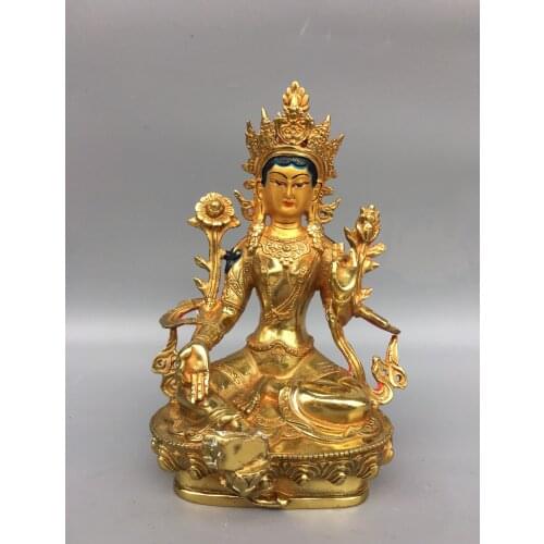 8" Tibet Buddhism Old Bronze Gilt Cinnabar Green Tara Bodhisattva Statue Back light Sitting Buddha Enshrine the Buddha