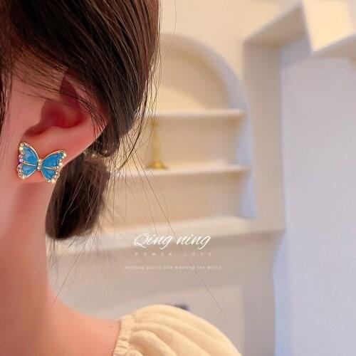 925 Silver Needle Jewelry with Fashion Drop Oil Personality Rhinestone Butterfly Earrings Fairy Temperament Earrings for Female