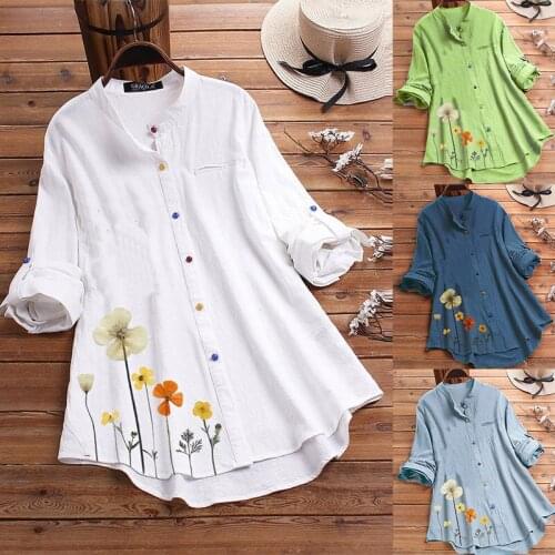 Oversized M-5XL Womens Loose Cotton Linen Long Sleeve Stand Collar Floral Printed Blouse Shirts WDC7473