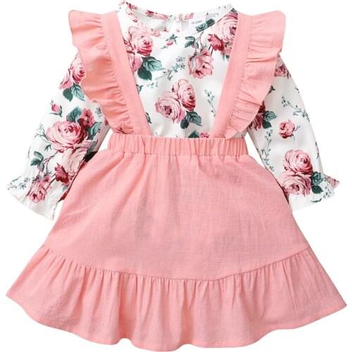Kid Girls Clothes Rose Print Long Sleeve O-neck T-shirt Solid Color Suspender Skirt Clothing