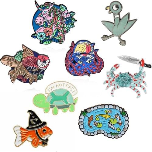 Aquatic animals duck tortoise Crab Goldfish octopus Enamel Brooch Magic Hat fish pond fine horse Lapel Pin Custom Badge