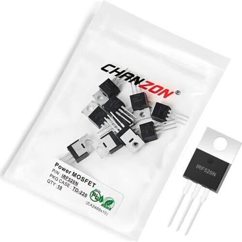 10Pcs IRF520N TO-220 Power SIC Mosfet Transistor Bipolar Junction BJT Powerful Triode Tube Fets 9.7A 100V Integrated Circuits