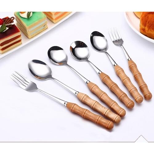 Creative Heat Resistant Tableware Bamboo Wooden Handle Stainless Steel Upscale Cutlery Fork Spoon посуда для кухни наборы