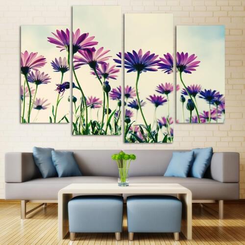 Fashion 4 panels purple flowers group painting canvas art home decor wall art hanging painting Free shipping