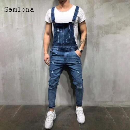 Samlona Mens Jeans Casual Pockets Demin Overalls Skinny Pantalons Leisure Strappy Trousers Jeans Fashion 2020 Mens Garmenting