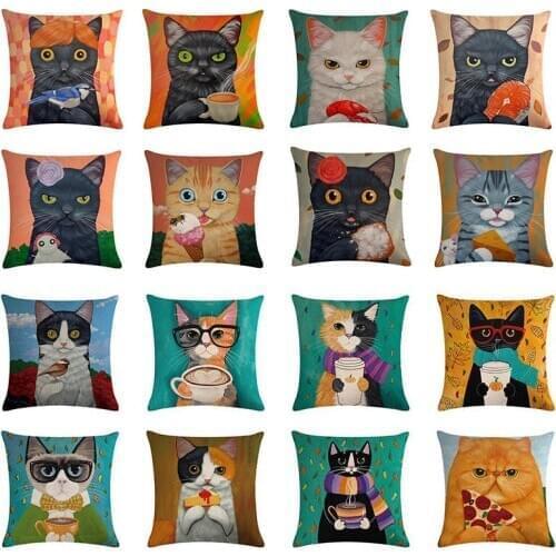 Cartoon Cat Pattern Cotton Linen Throw Pillow Cover Decorative Cushion Cover Seat Car Home Sofa Bed Decorative 45x45cm Pillowcas