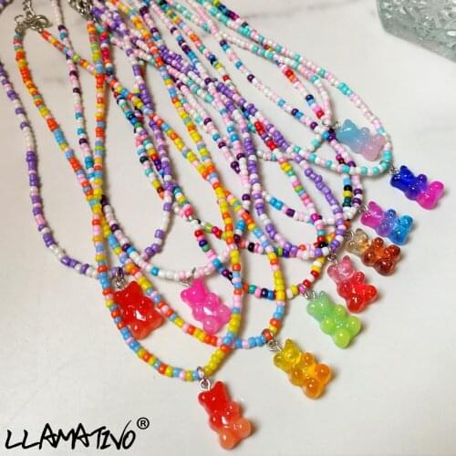 Trendy Cute Candy Color Gummy Bear Pendant Beaded Necklace For Women Girls Handmade Seed Beads Choker Necklaces Y2K Jewelry Gift
