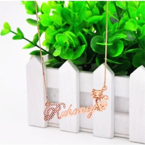 Custom Name Necklace Crystal Nameplate Necklace with Kitty Cat Pretty Girl Jewelry