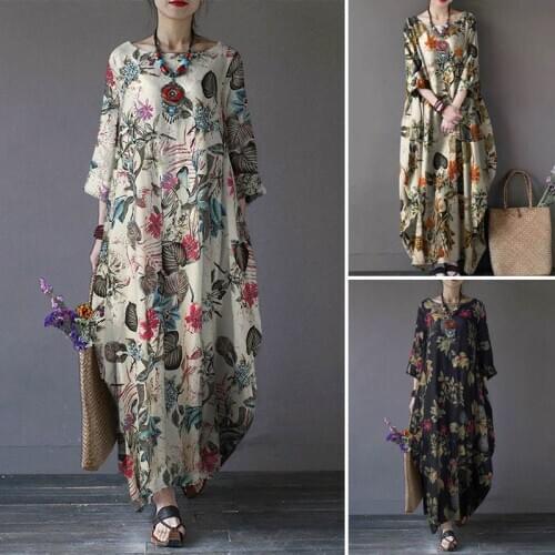 ZANZEA Vintage Printed Maxi Long Dress Women Sundress Casual Long Sleeve Kaftan Dresses Female Baggy Floral Vestidos 7