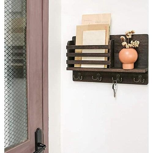 Hot Wall Mounted Mail Holder Wooden Mail Sorter Organizer with 4 Double Key Hooks and a Floating Shelf Rustic Home Decor