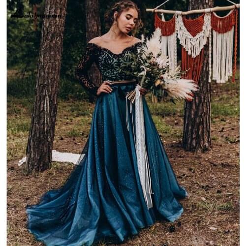 Lakshmigown Blue and Black Wedding Dresses With long sleeves Wedding Gown Robes De Mariee Gothic Wedding Dress