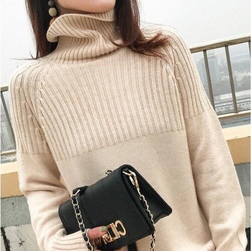 Womens Sweater Fall Winter Turtleneck Pullovers Solid Stretch Striped Sweater Korean Top Casual Knitted Bottoming Clothes Black