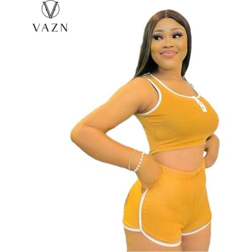 VAZN 2021 Summer Plus Size Young Sexy Energy Knit Tracksuits Mini Tank Top Short Pants Slim Women 2 Piece Set Women Active Wear